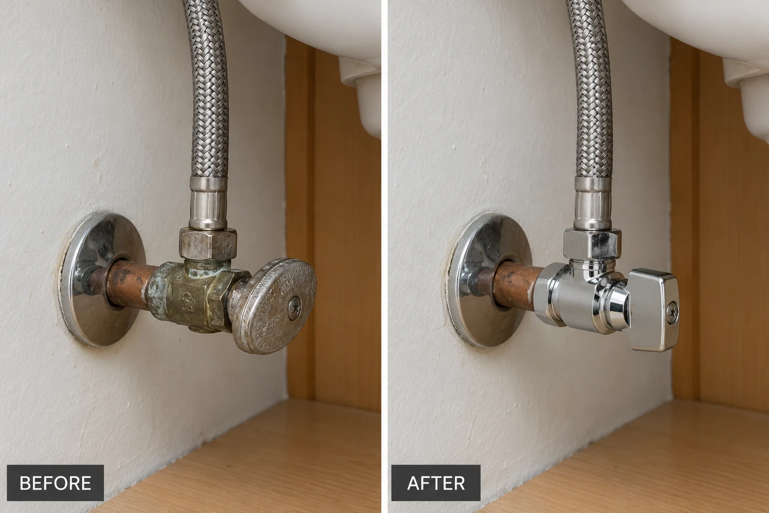 Water Shutoff Valve Installation Water Shutoff Valve Installation: illustrative before-and-after comparison of the same setting