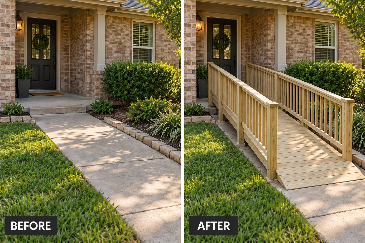 Wheelchair Ramp Construction Wheelchair ramp construction illustration showing an entry before and after an access ramp; no measured compliance certification implied