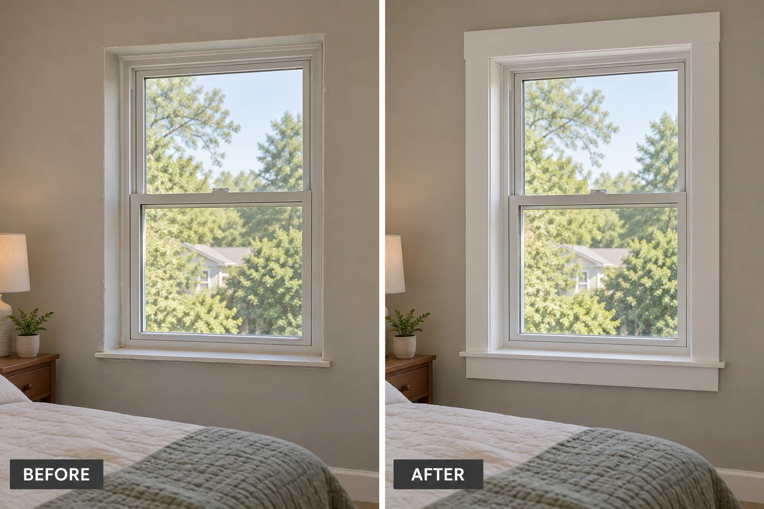 Window Casing Installation & Repair: illustrative before-and-after comparison of the same setting