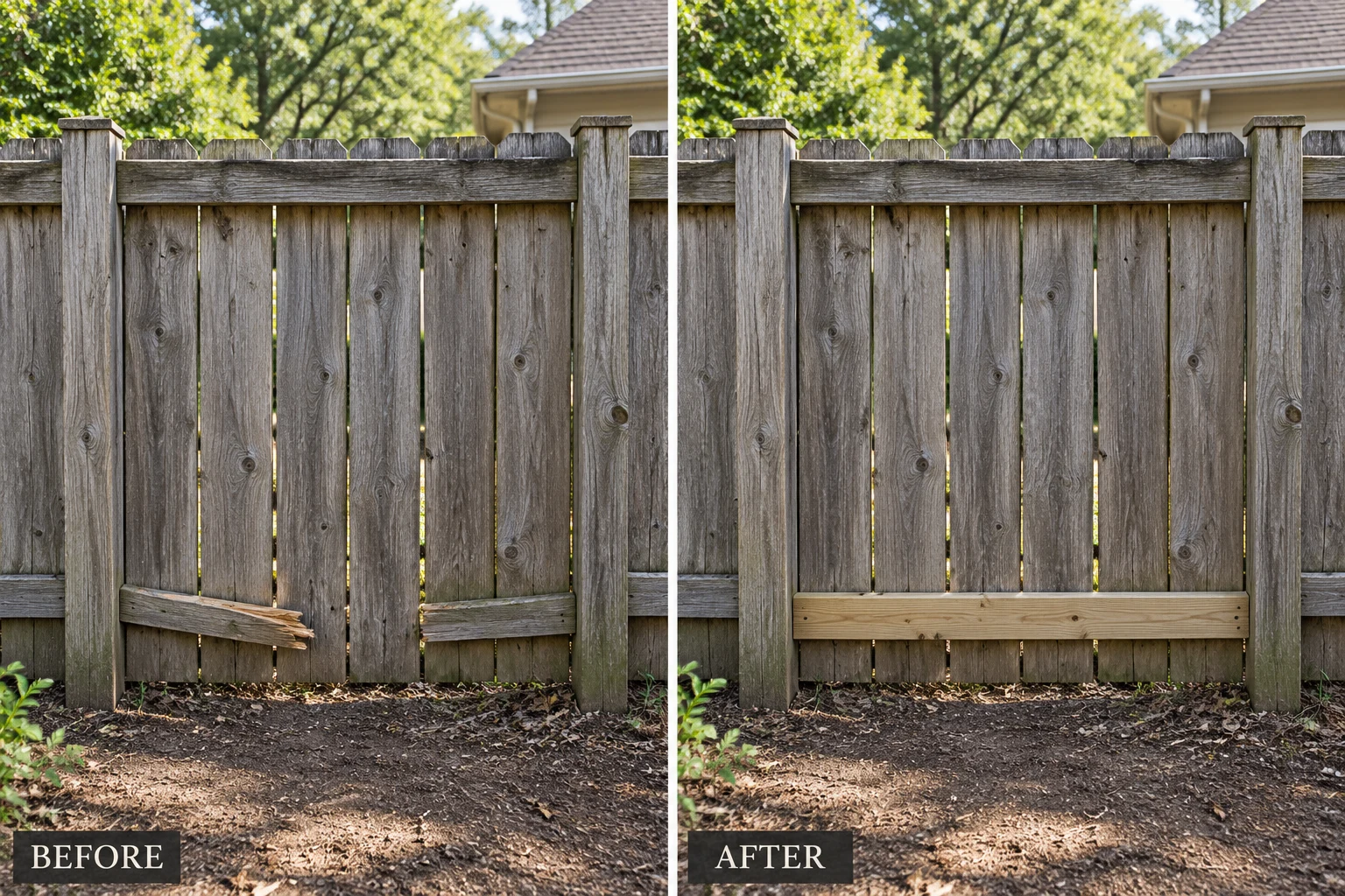 Wood fence repair illustration showing a localized broken rail and replacement among retained boards