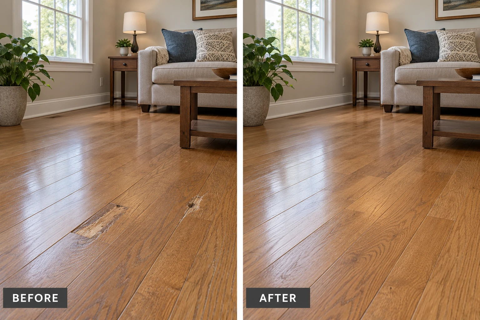 Wood Floor Installation & Repair Wood Floor Installation & Repair: illustrative before-and-after comparison of the same setting