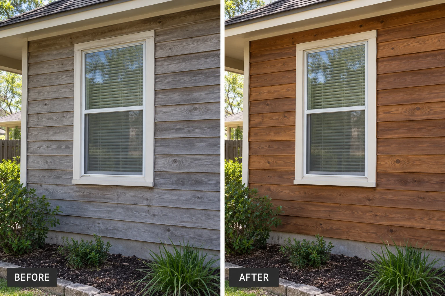Wood Siding Painting & Staining Wood siding painting staining illustrative before and after comparison showing the same setting before and after the service