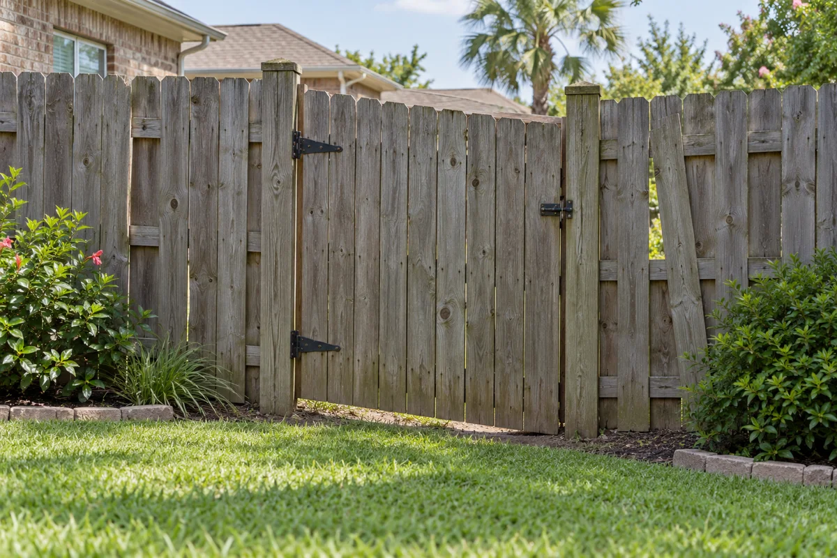 Wooden garden gate sagging slightly at its latch side